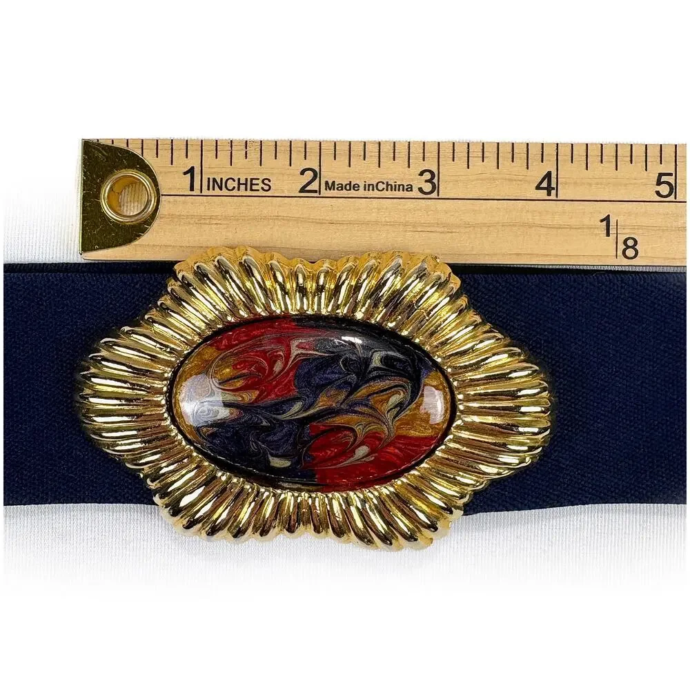 Nan Lewis VTG Women's Navy Stretch Belt Gold Statement Buckle 30
